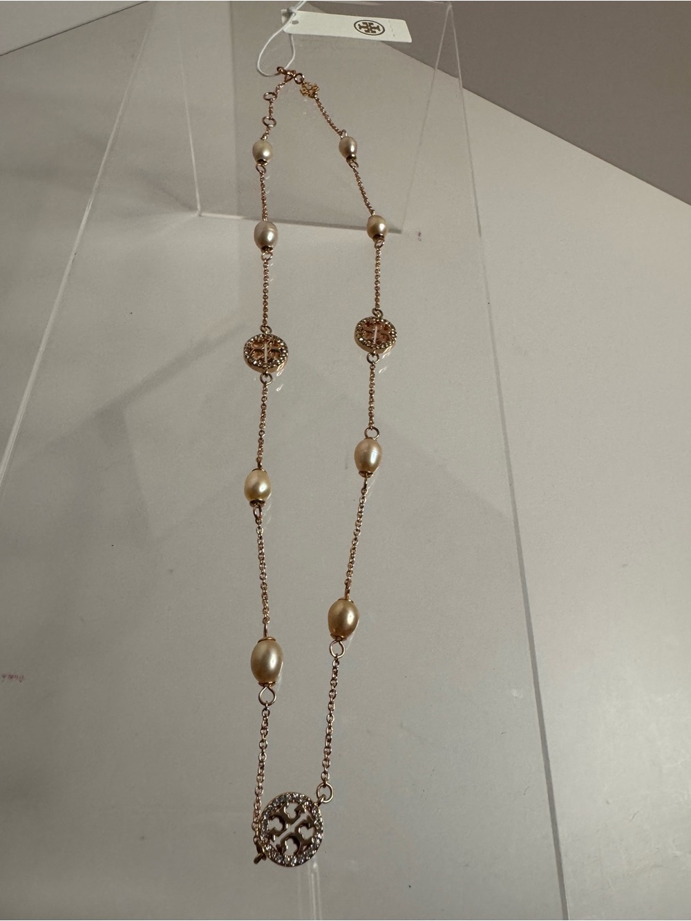 Tory Burch NWT Miller Pave Crystal & Rose Gold Pearl Chain Necklace - Picture 3 of 10